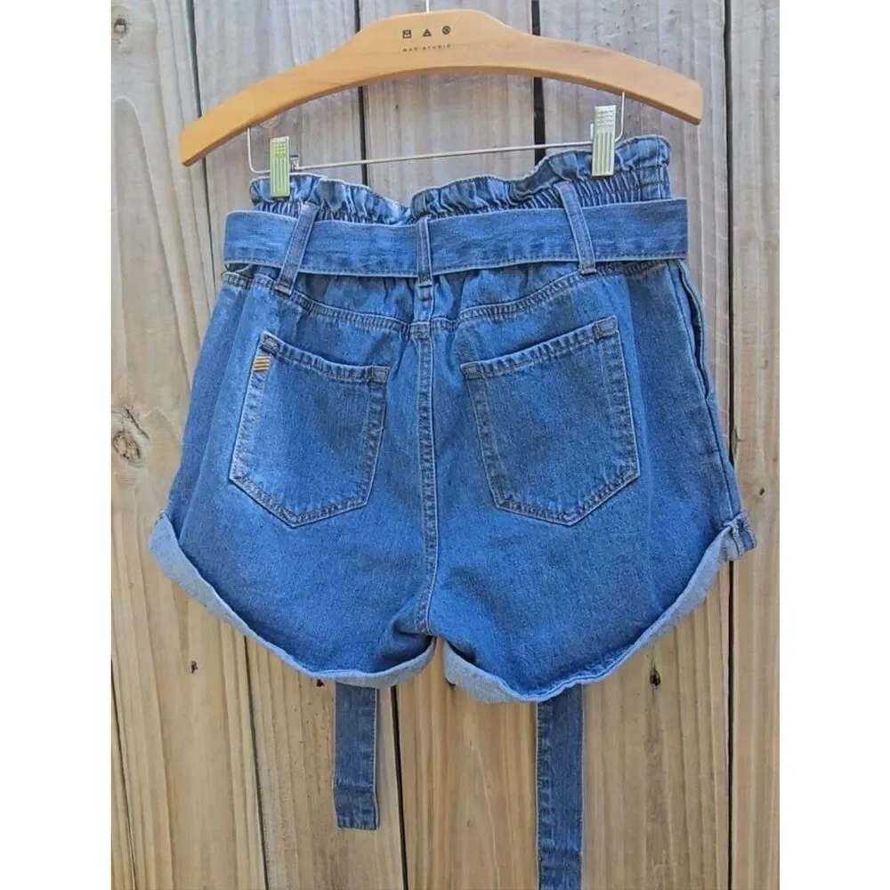 Wishlist High-Waisted Paperbag Denim Shorts with Tie Belt - Size S